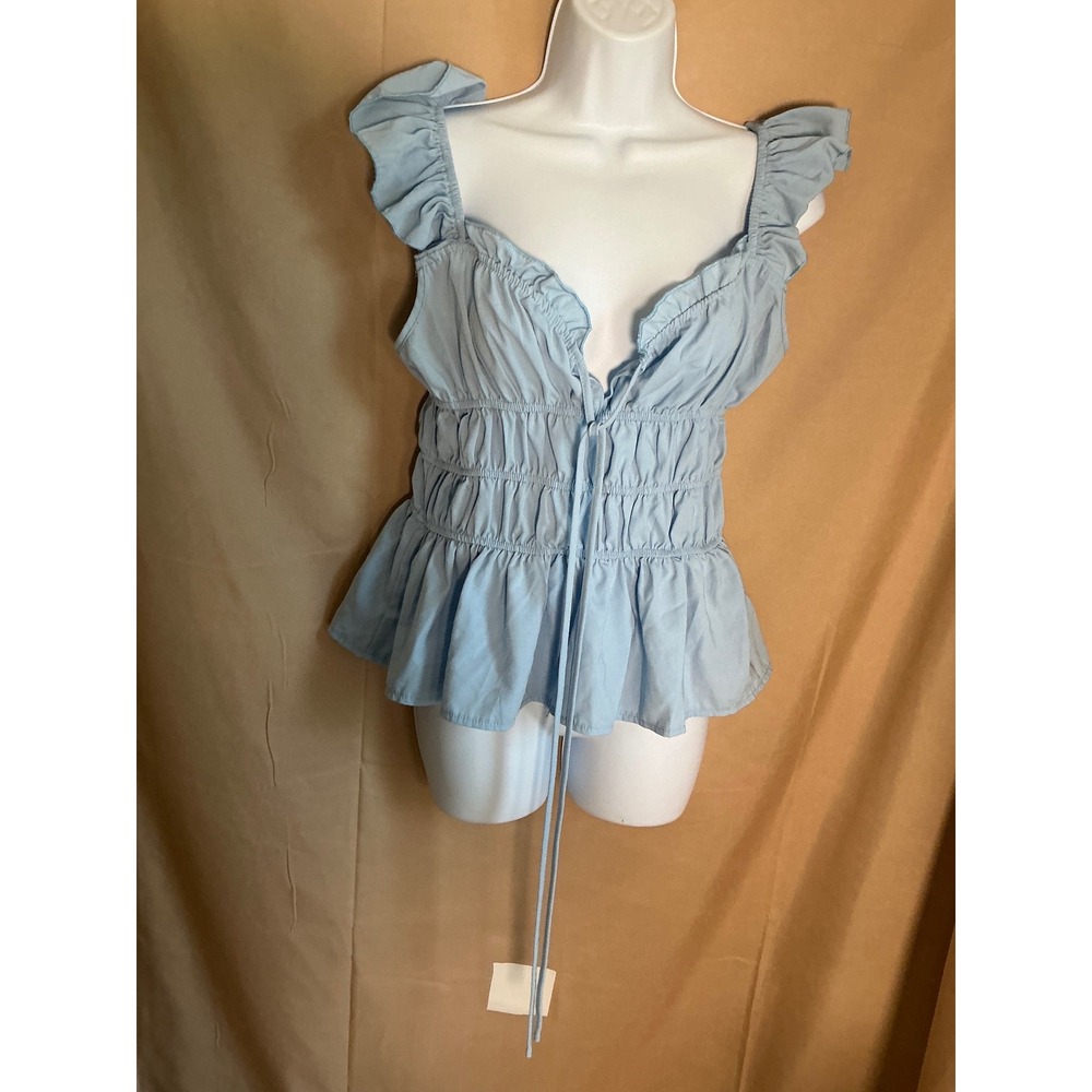 SHEIN Peplum Top Womens Large Blue Excellent Smocked Ruffle Tie Front Sweetheart